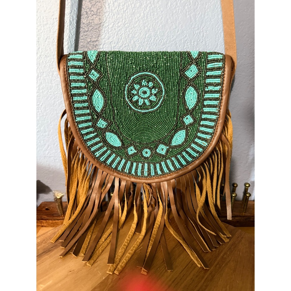 Earthbound Crossbody Bag Womens OS Green Excellent Beaded Fringe Boho